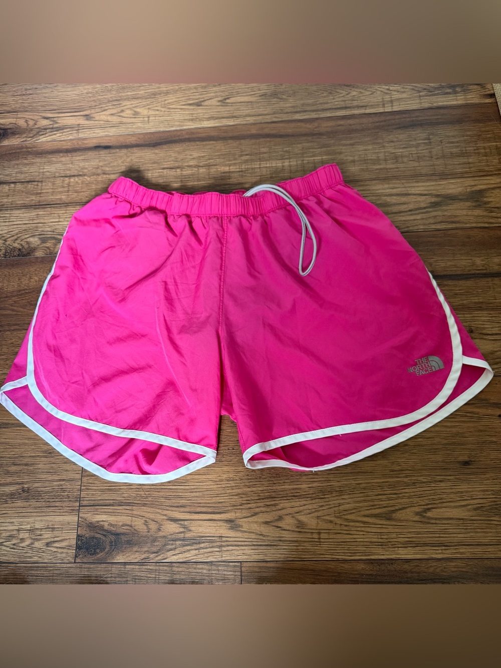The North Face Women's Bright Pink Running Shorts with White Trim Medium